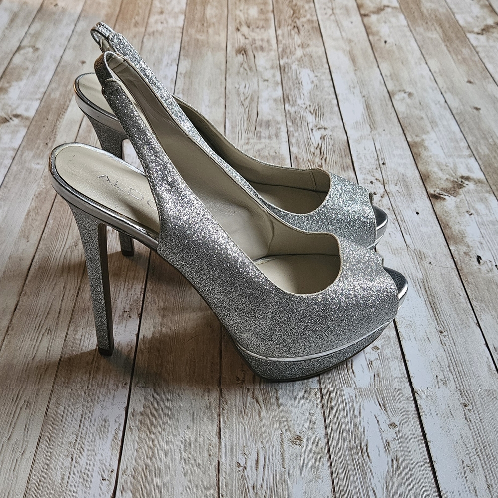Aldo Silver Sparkle Peeptoe Platform Heels SZ 10 - Picture 4 of 8